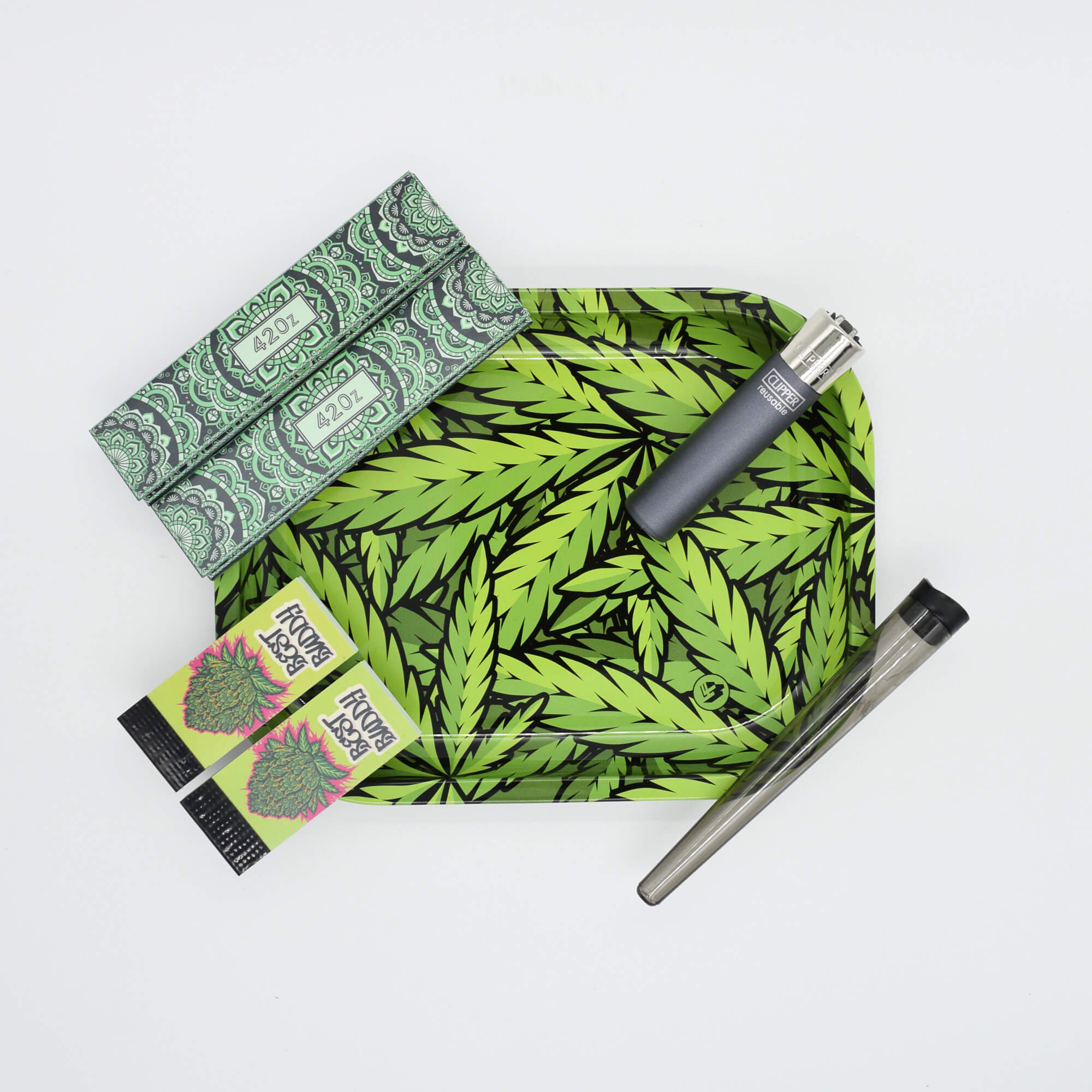 Green Leaves Rolling Tray Stoner Set / Kiffer Kit - Smokerhontas